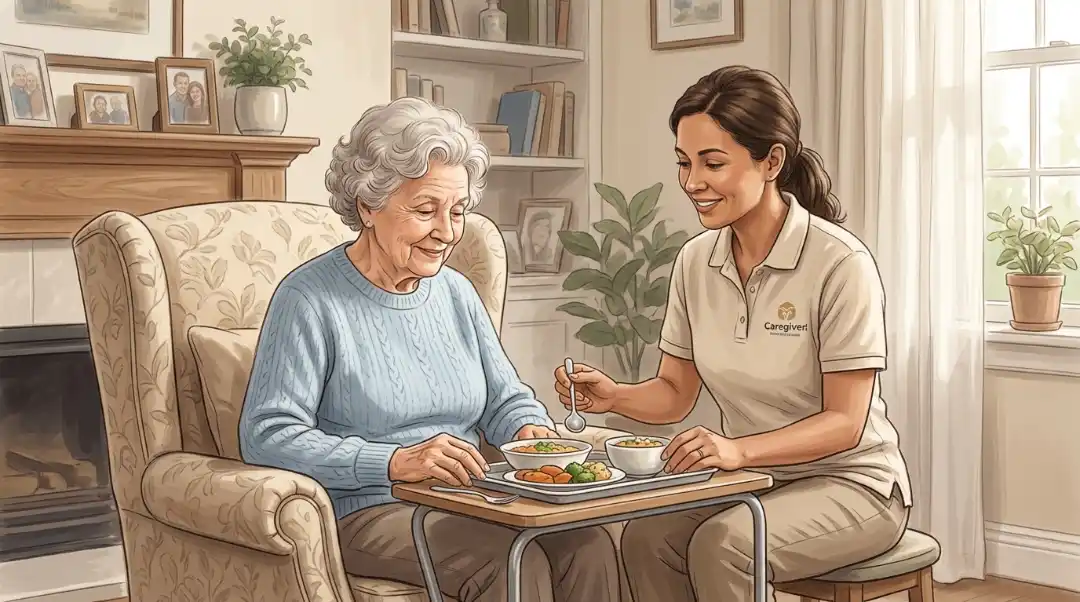 An elderly woman receiving non medical home care assistance with meal preparation from a professional caregiver in a cozy home living room