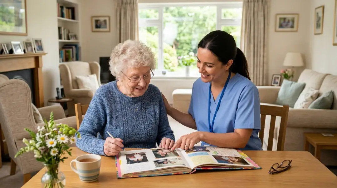 A caregiver helping an elderly woman review a photo album in a warm home setting, illustrating the compassionate support offered in assisted living vs memory care environments.
