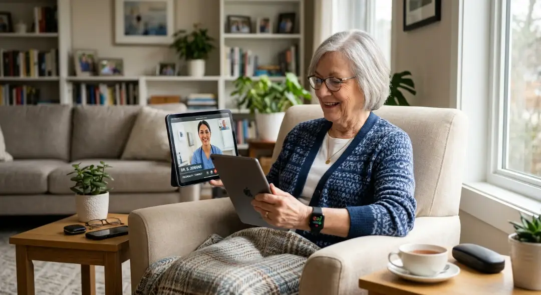 how future healthcare technology is elevating at home care with telehealth consultation, senior woman using tablet for virtual doctor visit and real-time health monitoring