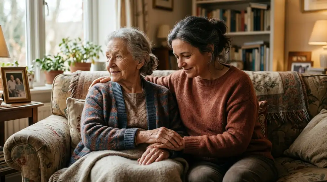Adult daughter sitting beside her elderly mother on a couch, gently holding her hand in a warm home setting coping with aging parents