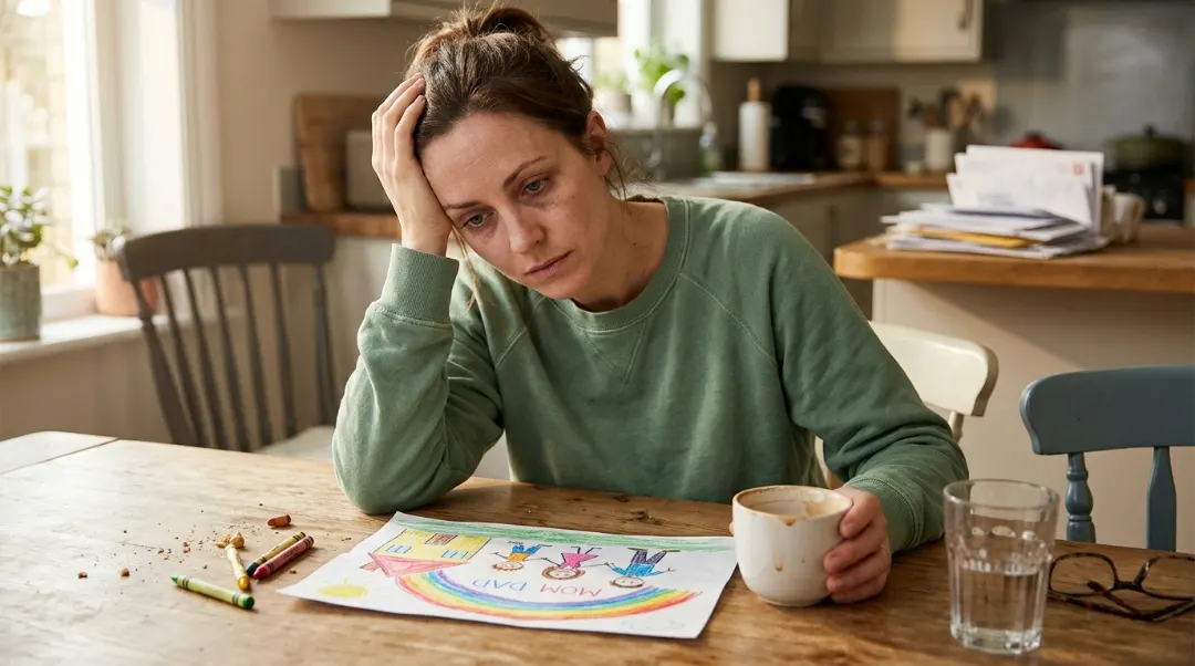 Exhausted mother sitting at kitchen table holding coffee cup, looking at child's drawing, showing signs of parental guilt and emotional burnout what is non medical home care support for overwhelmed parents