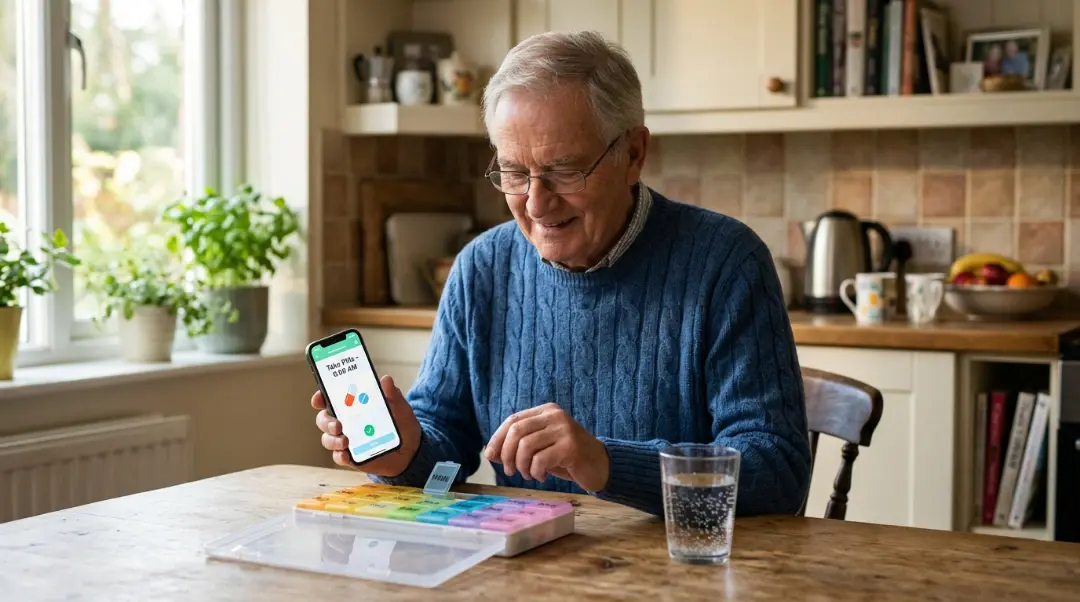 An elderly man sitting at a kitchen table using a medication reminder app on his smartphone while opening a colorful weekly pill organizer with a glass of water nearby