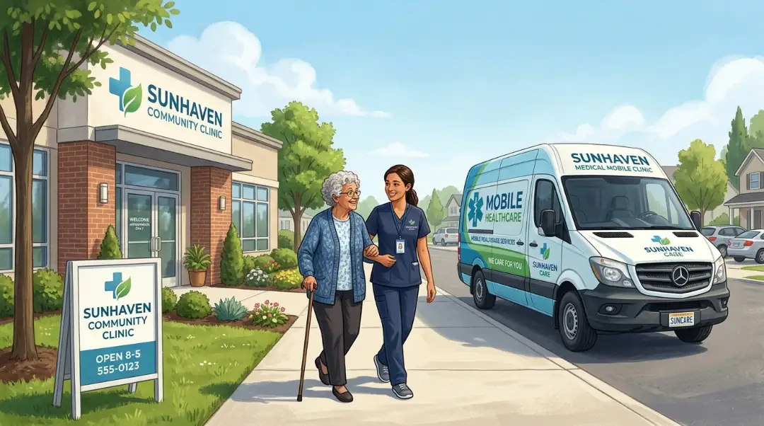 Caregiver assisting an elderly woman with a cane outside a community clinic near a mobile healthcare van — medical assistance transportation program
