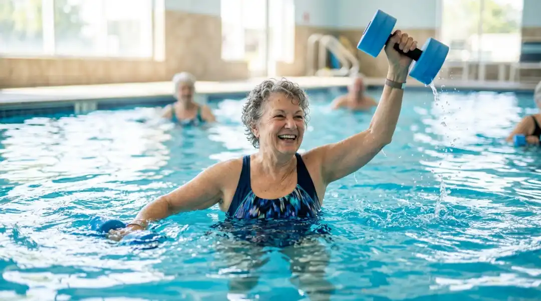 Senior woman laughing while lifting foam dumbbells during water exercises for seniors class in an indoor pool