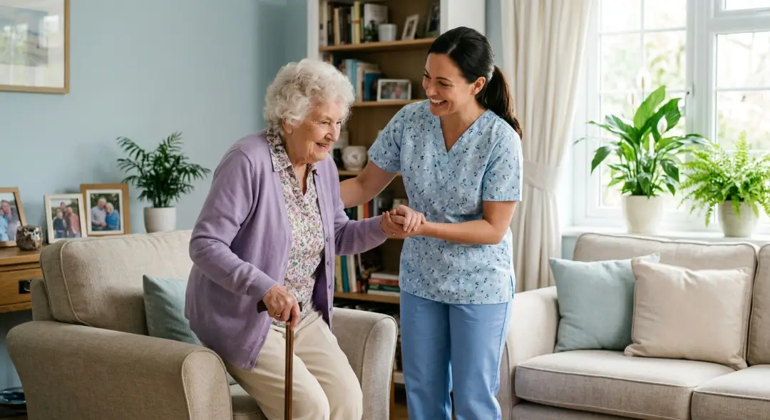 A professional caregiver providing what is non medical home care by helping an elderly woman with mobility assistance in a warm, comfortable living room