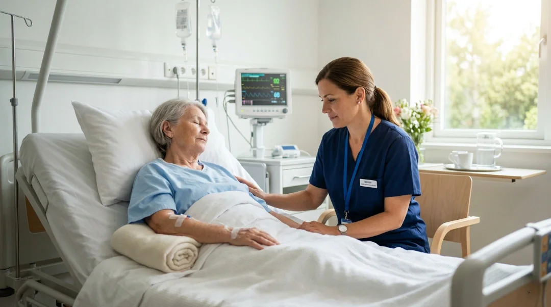 What is a patient sitter — a caring female patient sitter in navy scrubs providing bedside supervision and emotional support to an elderly female patient in a hospital room