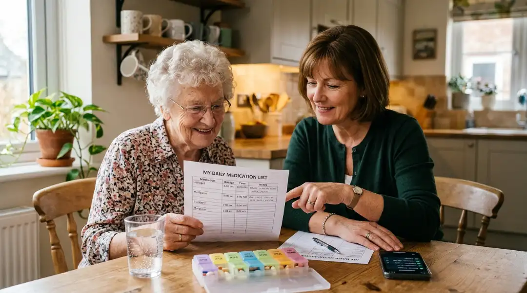 What is medication management — elderly woman and caregiver reviewing a daily medication list with a pill organizer and smartphone at a kitchen table