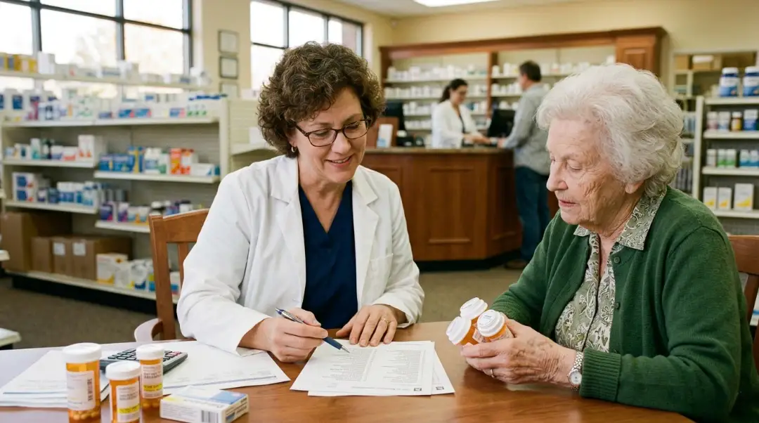 A licensed pharmacist explaining what is medication therapy management to an elderly patient while reviewing prescription medications at a pharmacy table