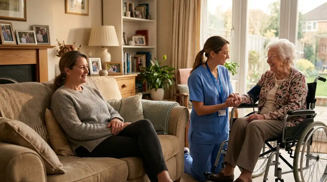 A family caregiver relaxing on a sofa while a professional nurse in blue scrubs provides what is respite care services to an elderly woman in a wheelchair inside a warm home setting.