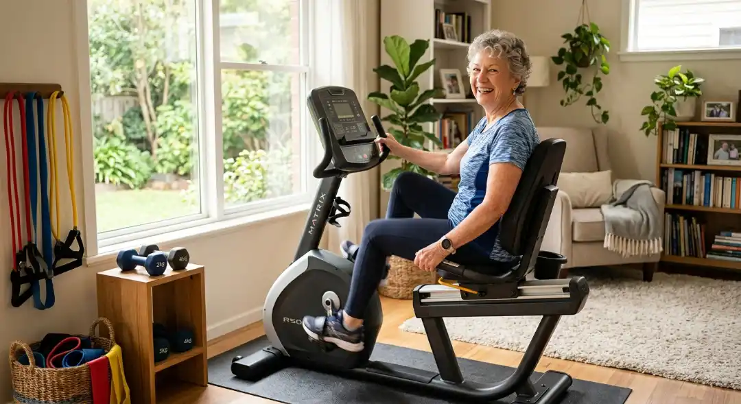 Senior woman smiling while using a recumbent bike at home — best exercise equipment for seniors with resistance bands and dumbbells in background