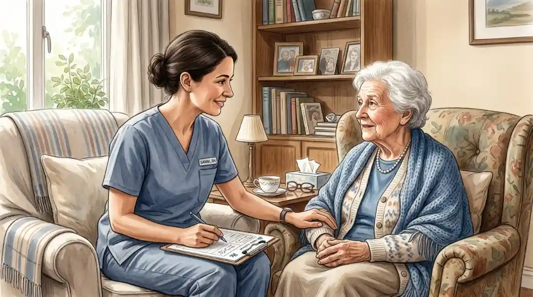 A caring nurse explaining the difference between curative and palliative care to an elderly patient during a home visit