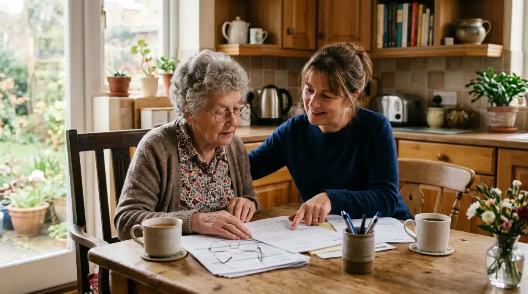 An elderly woman and her adult daughter reviewing care documents at a kitchen table, illustrating what's the difference between ADLs vs IADLs in daily caregiving support.