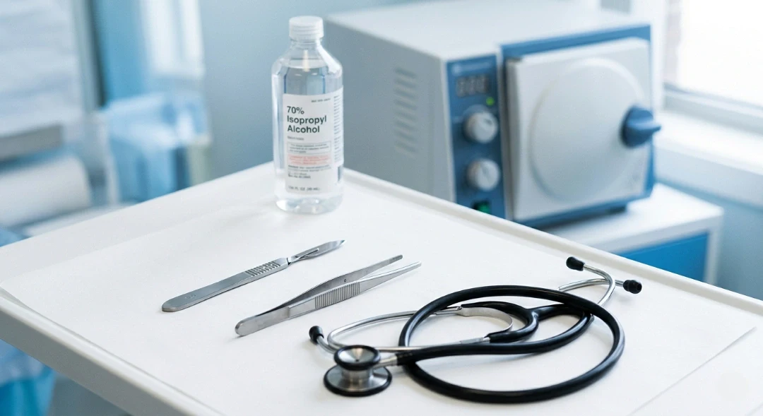 why are heat and alcohol used to disinfect medical equipment: 70% isopropyl alcohol, autoclave, stethoscope, and sterilized surgical tools on a hospital tray