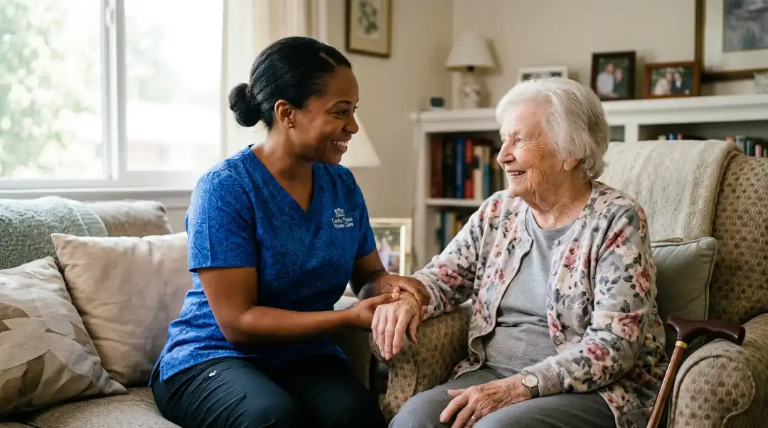 Caretaker vs caregiver a professional home caregiver in blue scrubs holding hands with an elderly woman while smiling in a warm home setting