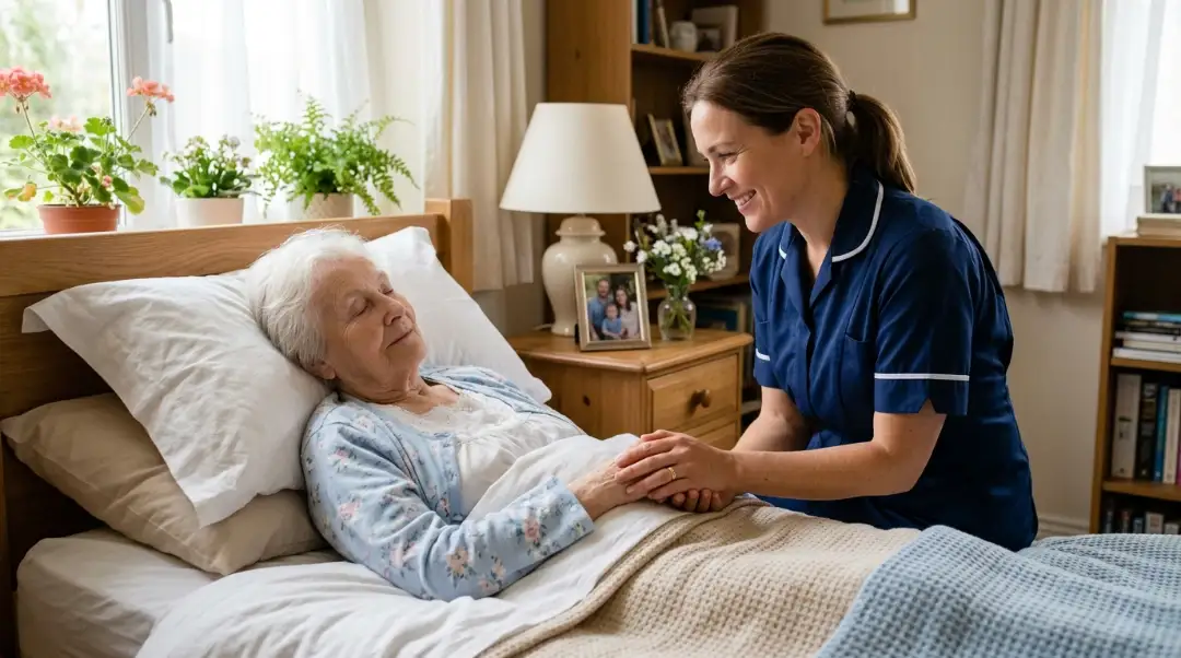 Hospice nurse holding elderly patient's hand at home does hospice cover 24-hour care at home