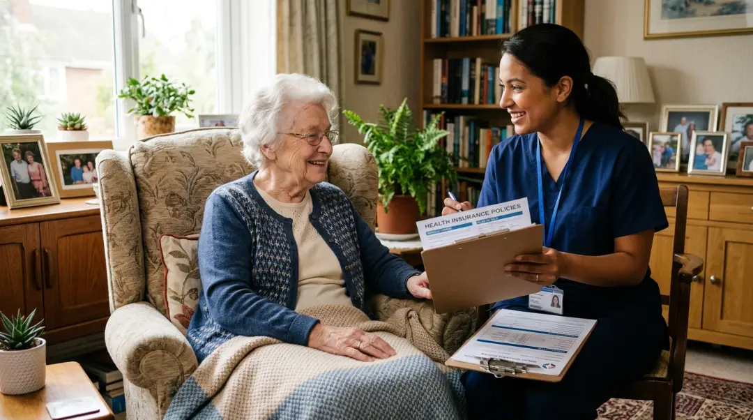 Does long-term care insurance cover in-home care elderly woman reviewing health insurance policy documents with a professional caregiver in a home setting