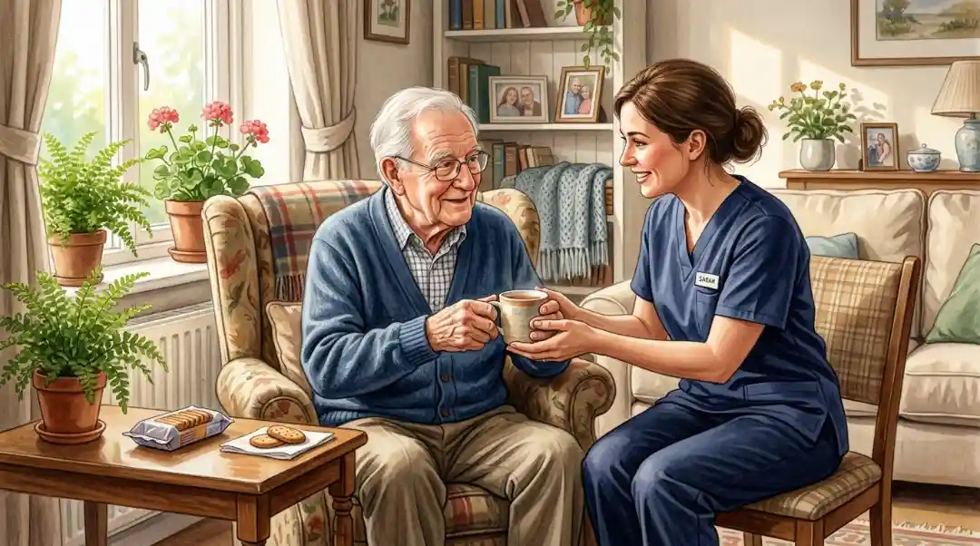 A caregiver providing home health care for Parkinson's disease, assisting an elderly man with a warm drink in a comfortable living room setting.