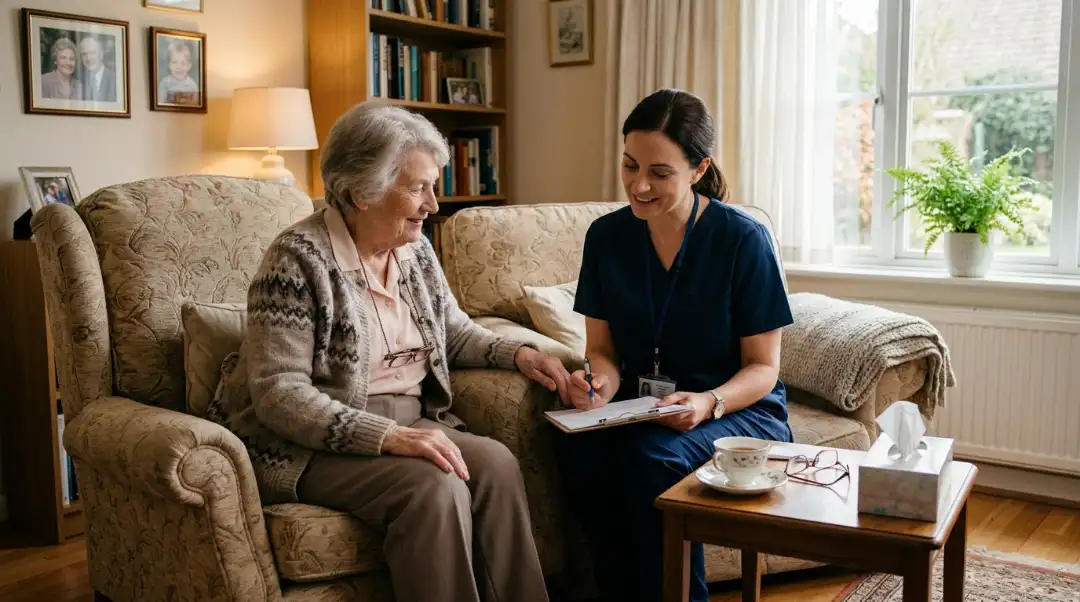 A Medicare-certified home health nurse reviewing a care plan with an elderly woman at home how long will Medicare pay for home health care depends on skilled care needs and homebound status.