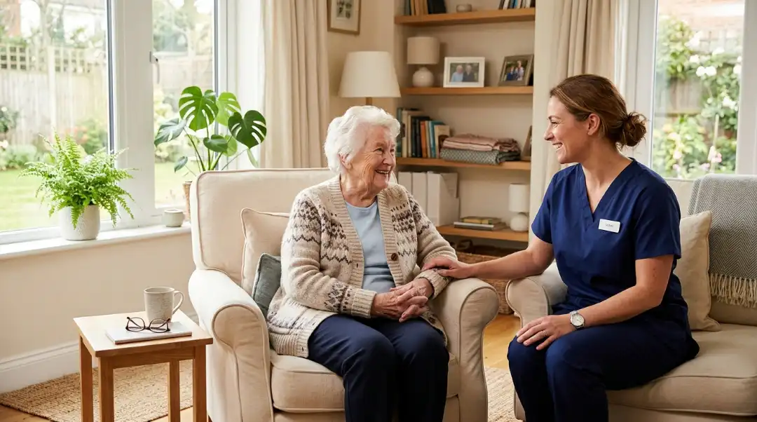 Short term care vs long term care elderly woman smiling with a professional caregiver in a bright home care setting