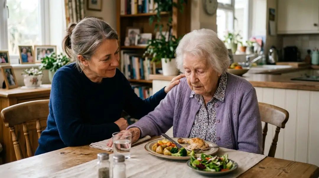 What causes loss of appetite in elderly a caring daughter comforting an elderly mother who has barely touched her meal at the dining table