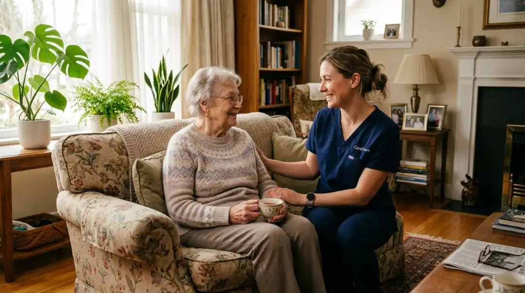 What is protective oversight a professional caregiver in scrubs sitting beside an elderly woman in a home living room, offering compassionate in-home supervision