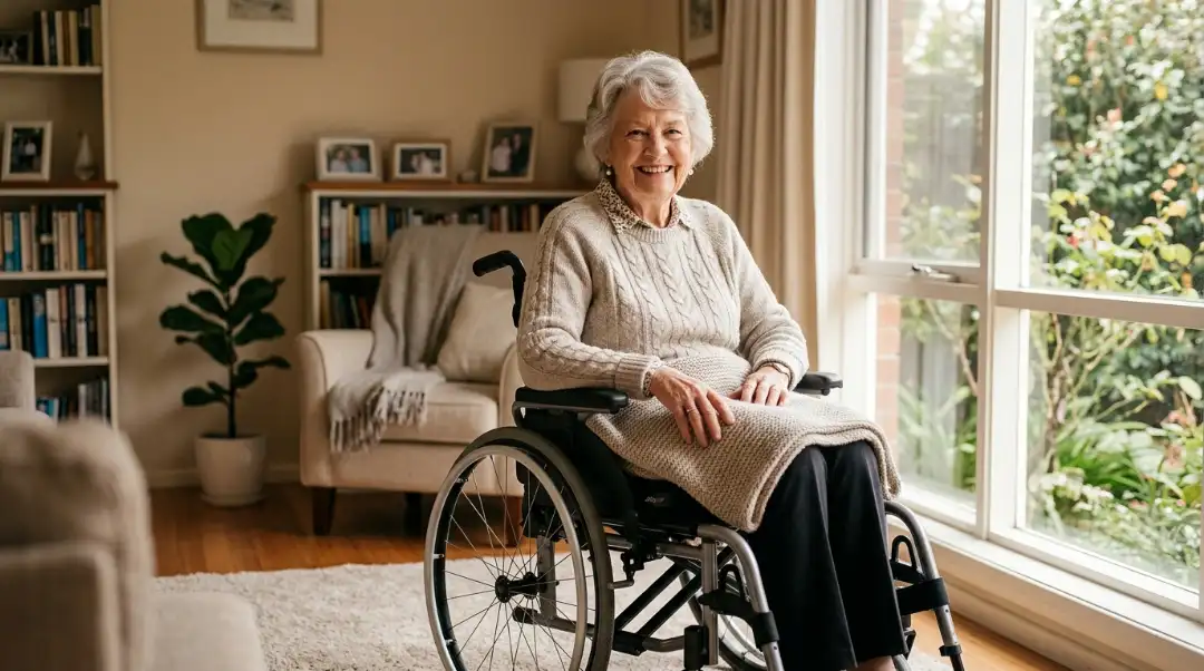 Smiling elderly woman sitting in a manual wheelchair by a bright home window what is the best wheelchair for seniors guide