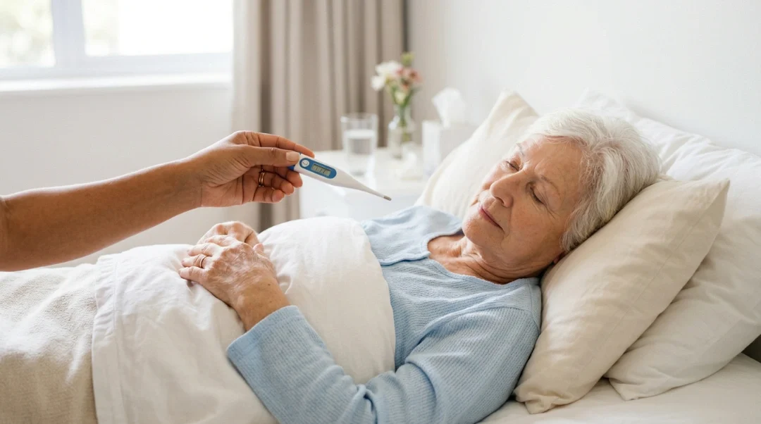 Caregiver checking what is the normal body temperature for seniors using a digital thermometer on an elderly woman resting in bed