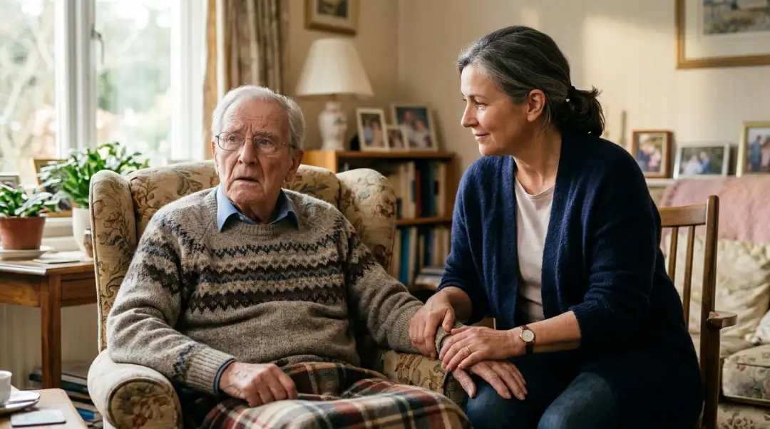 What stage of dementia is anger elderly man with dementia sitting in armchair looking confused while female caregiver sits beside him offering calm, compassionate support at home