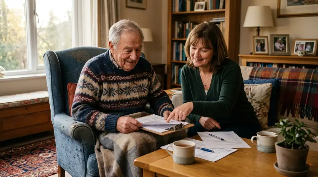 What is transitional care for seniors elderly man reviewing care plan with a family caregiver in a warm home setting
