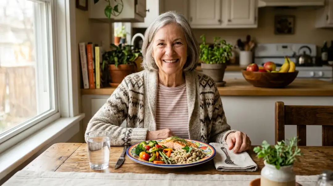 Senior woman smiling at a healthy meal what is the best diet plan for seniors includes salmon, vegetables, and whole grains