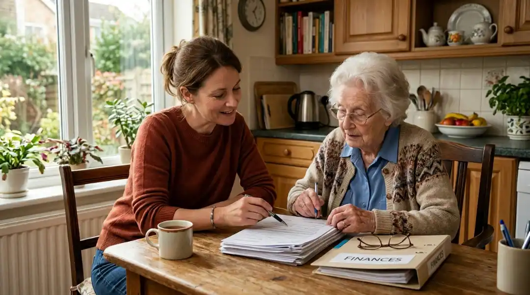 Adult daughter helping elderly mother review caregiving paperwork at home kitchen table how much do family members get paid for caregiving through Medicaid and state programs
