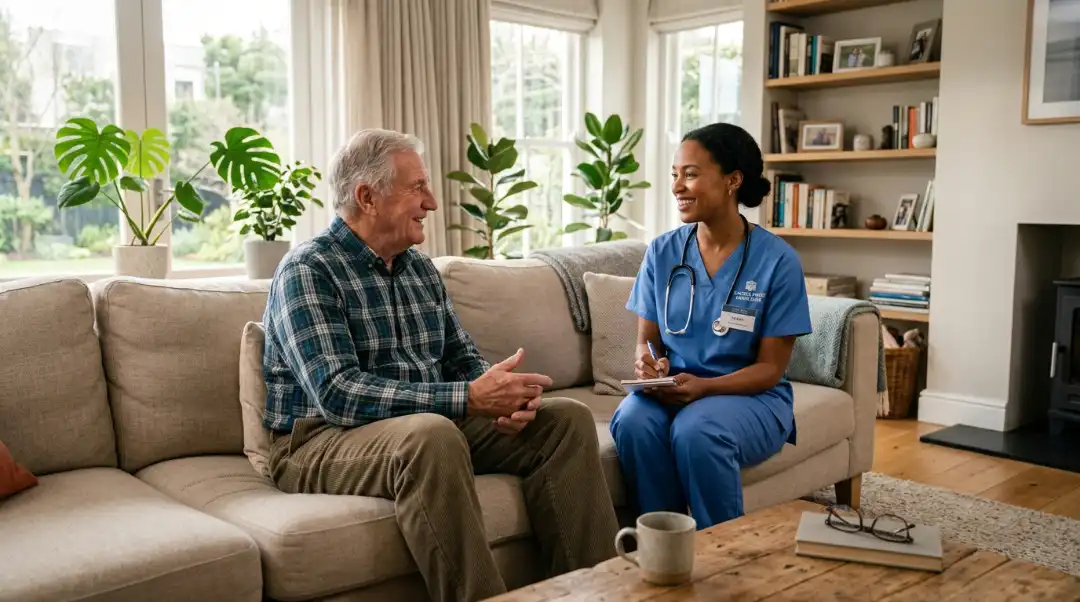Photorealistic scene showing an elderly man smiling at a professional female caregiver in blue scrubs taking notes, illustrating how in-home care improves quality of life for seniors in their private residence.