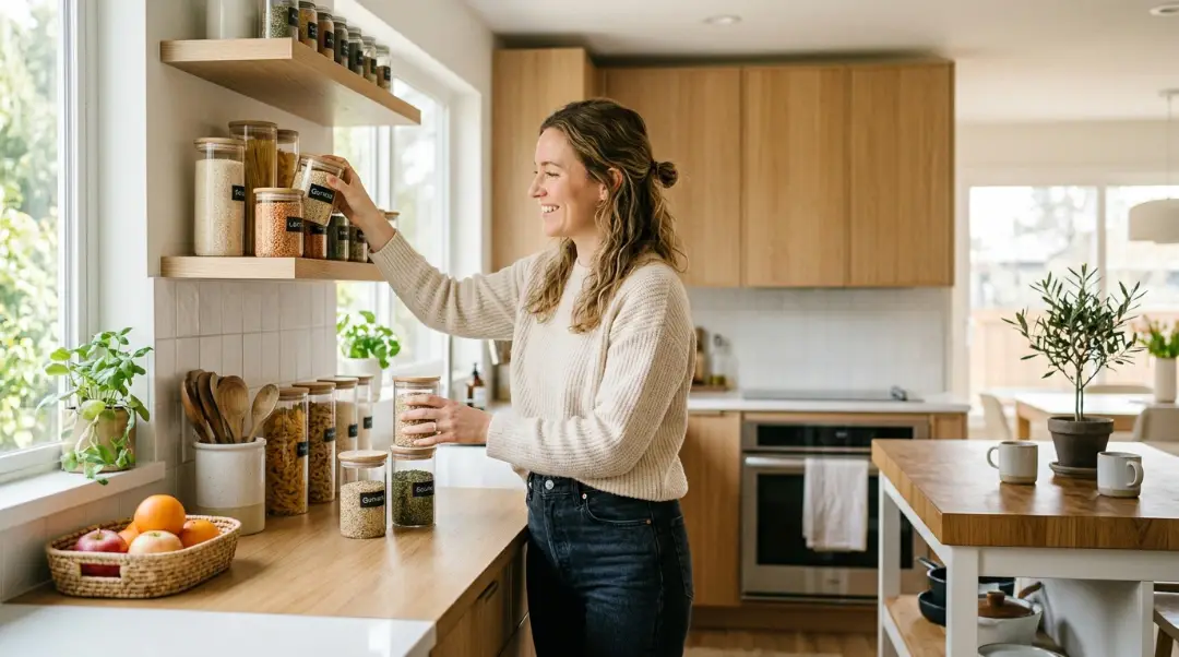 A smiling woman organizing labeled pantry jars on a kitchen shelf — what is a homemaker shown through daily home management and meal prep