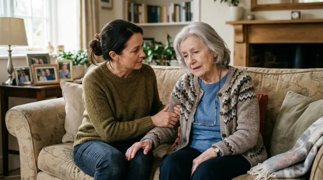 Caregiver comforting an elderly woman on a sofa what causes low blood pressure in seniors and how family support helps manage hypotension
