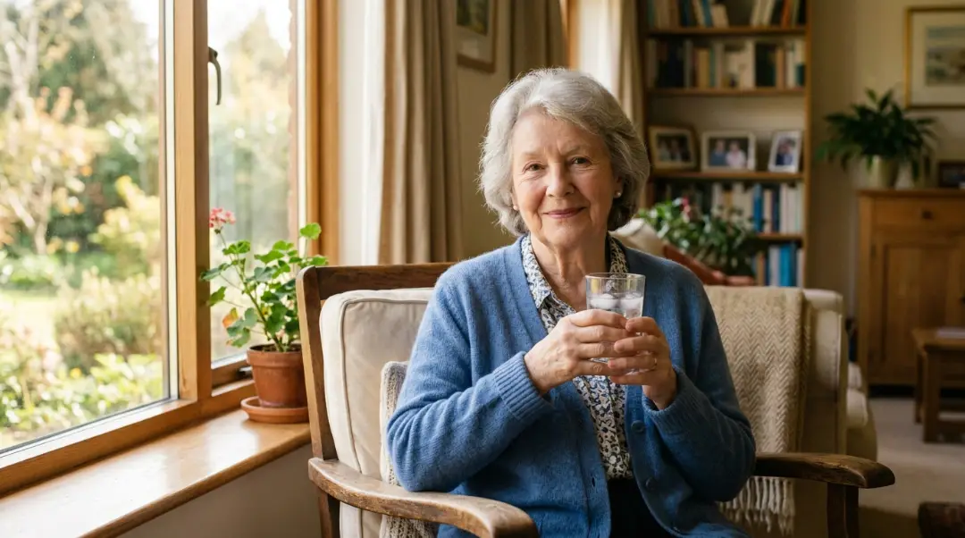 An older adult holding a fresh glass of water in a sunlit room, illustrating how does water help regulate body temperature and maintain homeostasis.