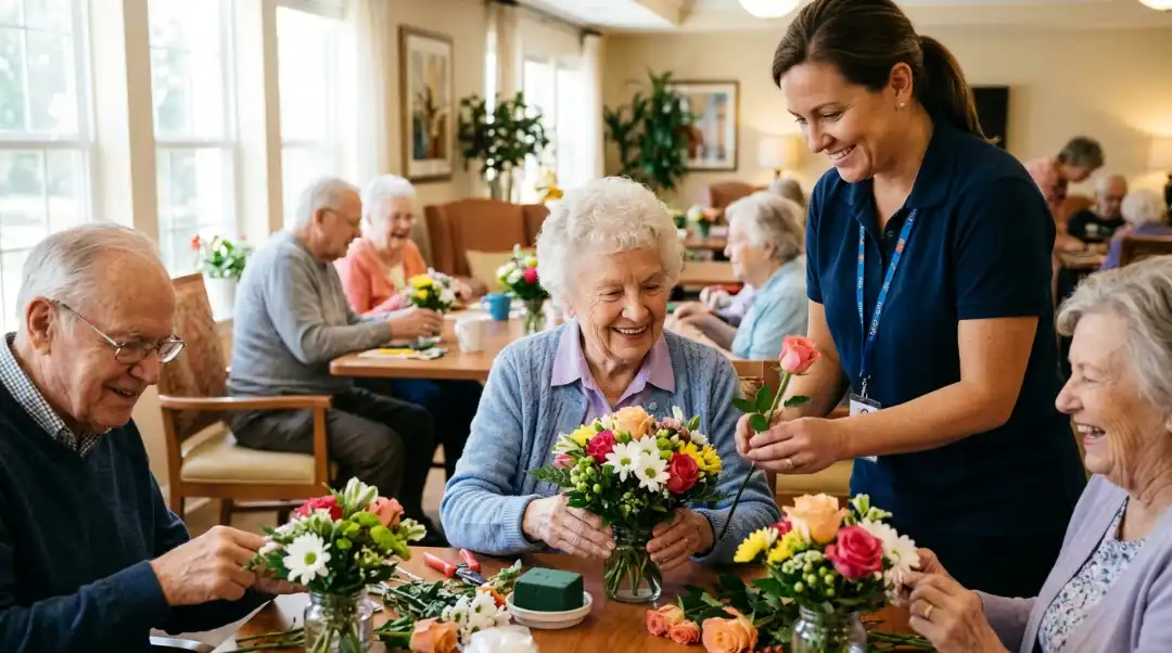 Seniors and a caregiver arranging flowers together at an adult day care center — how much does senior day care cost depends on activities, staffing, and location