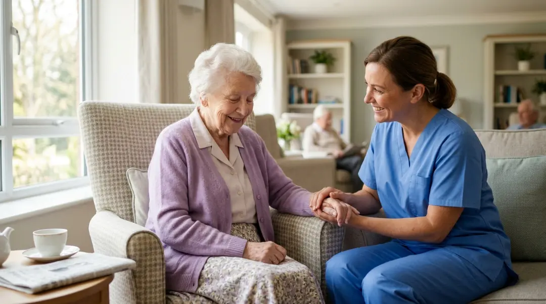 A caring nurse holding hands with an elderly woman with dementia in a bright care home common room, illustrating when someone with dementia should go into a care home