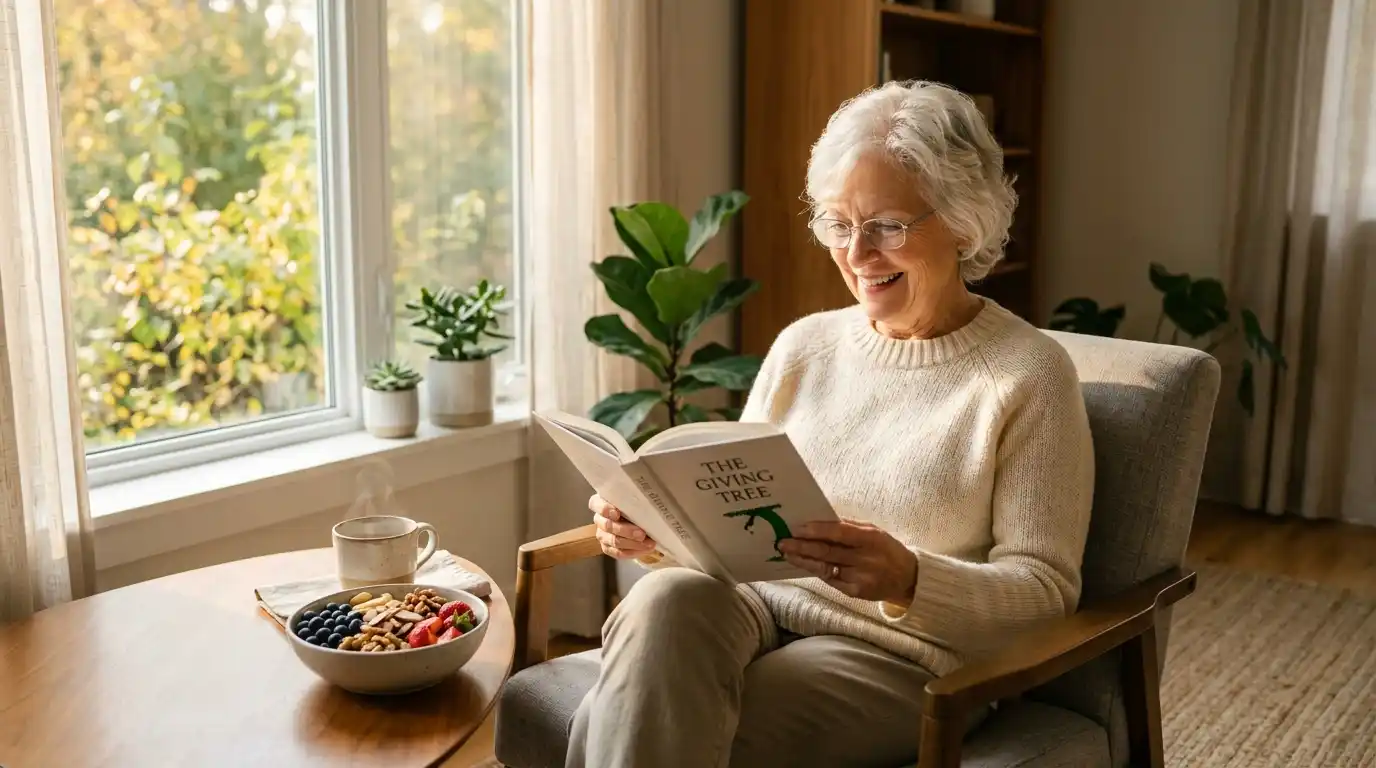 Senior woman learning how to keep your brain active and healthy by reading a book at home with brain-boosting foods nearby