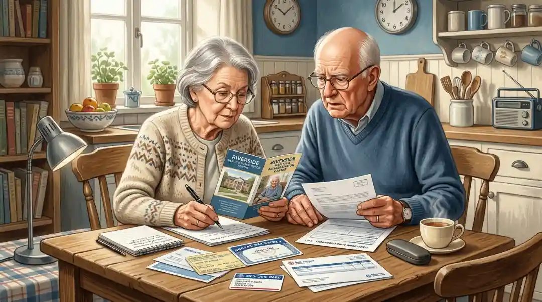 Elderly couple reviewing Social Security cards, Medicare documents, and nursing home brochures at kitchen table — researching how to pay for nursing home care with Social Security