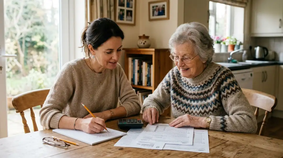 Adult daughter helping elderly mother review home health care tax deductible expenses at kitchen table with calculator and IRS documents