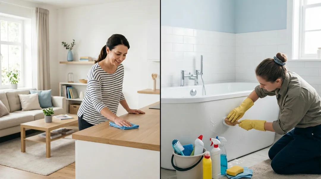 Woman doing light housekeeping by wiping a kitchen counter beside a professional scrubbing a bathtub during a deep cleaning service at home