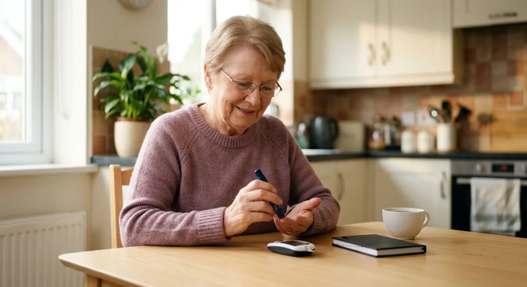 Elderly woman checking what is normal blood sugar for seniors using a glucometer at home kitchen table