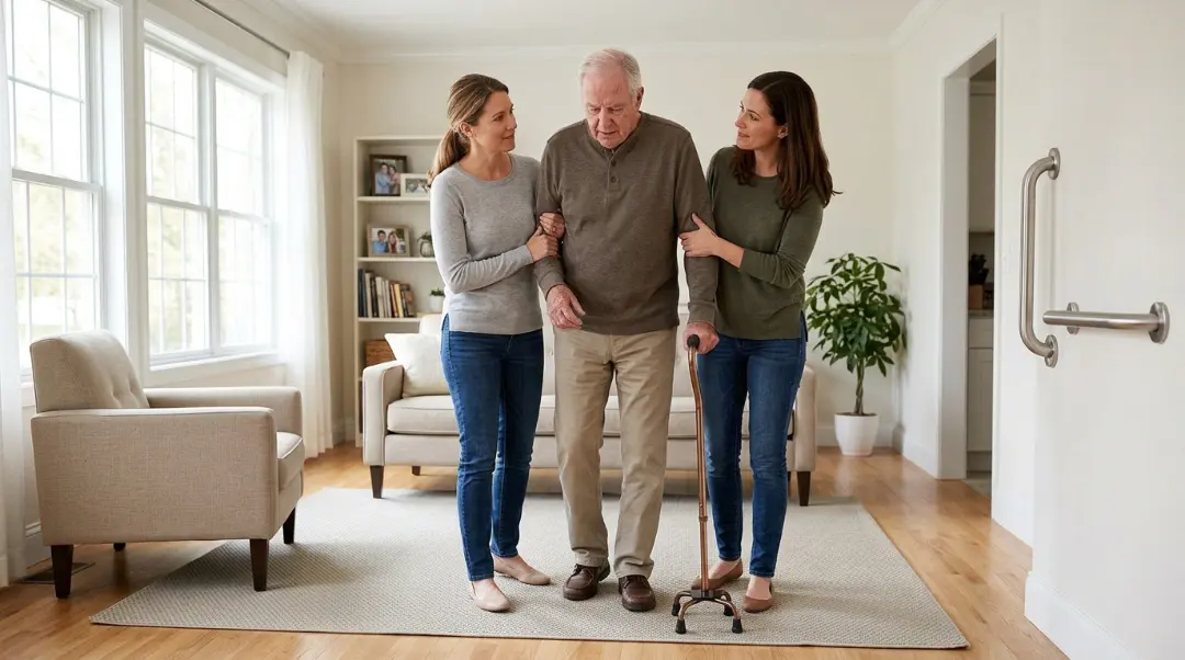 How to care for parkinson's patients at home with family helping elderly father walk safely using a quad cane