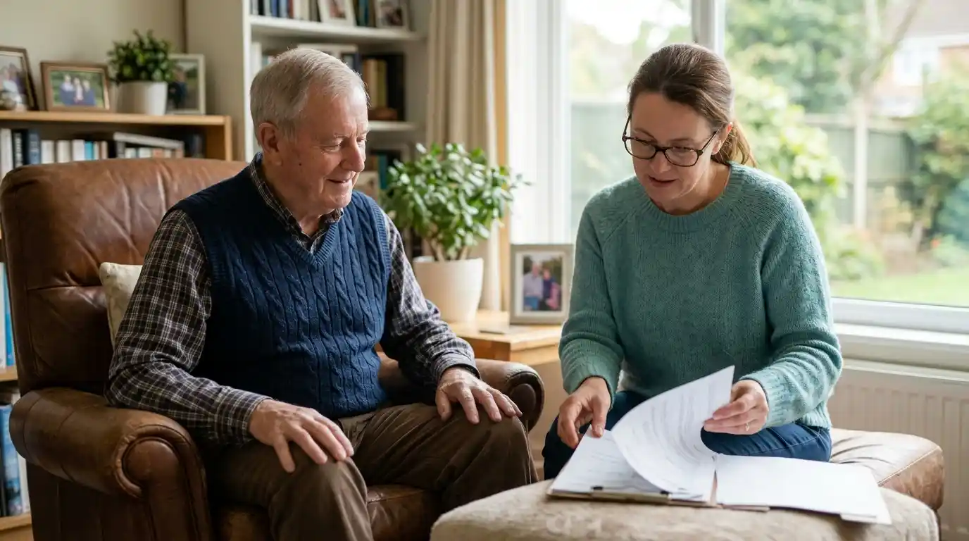 Elderly veteran reviewing VA home health care paperwork with adult daughter in a cozy living room