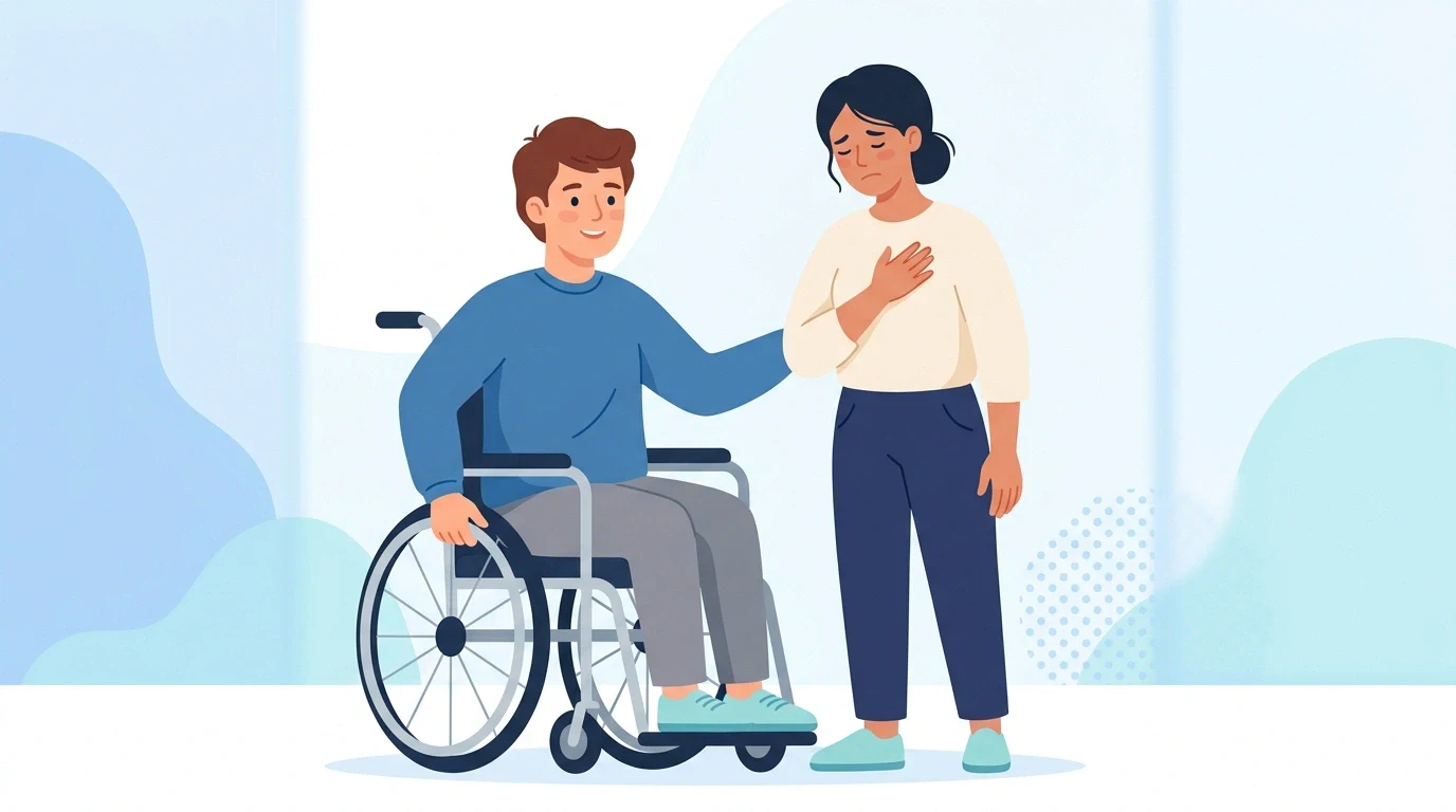 Flat illustration showing visible vs. invisible disabilities a man in a wheelchair comforting a woman with chronic pain or an invisible condition