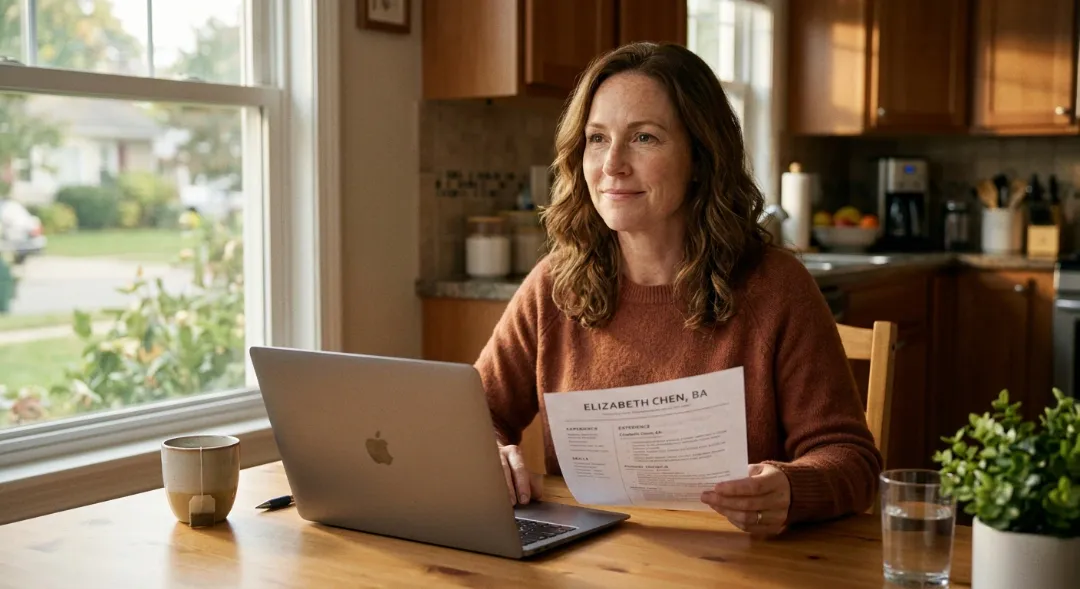 What is a displaced homemaker — a middle-aged woman sitting at a kitchen table holding a resume with a laptop open, representing workforce re-entry after displacement