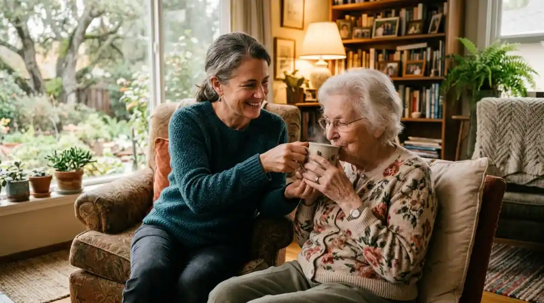 What is IHSS featured image showing a family caregiver helping her elderly mother with tea at home in California