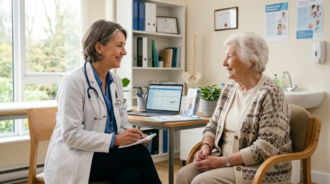 A primary care physician discussing what is PCP in healthcare with an elderly female patient during a routine check-up in a bright clinic office.