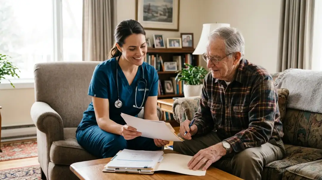 A nurse reviewing Medicare home health care paperwork with an elderly man at home who qualifies for home health care services