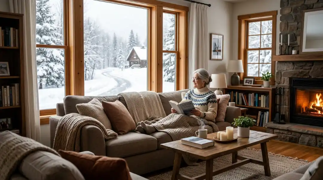 An older adult reading on a cozy living room sofa near a warm fireplace, demonstrating winter safety tips for seniors by staying warm indoors during a cold weather snowstorm.
